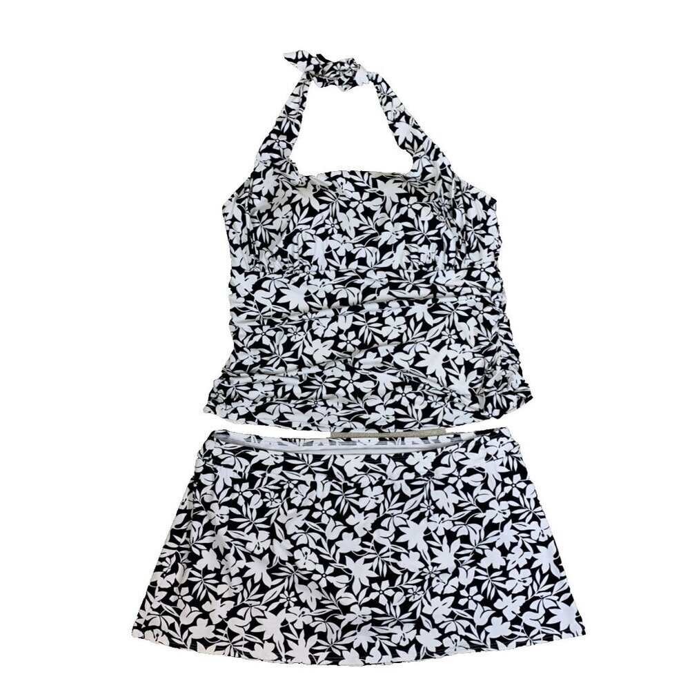 Lands End Womens 26W Swimsuit Set Halter Top Skirt Black White Floral Soft Cup